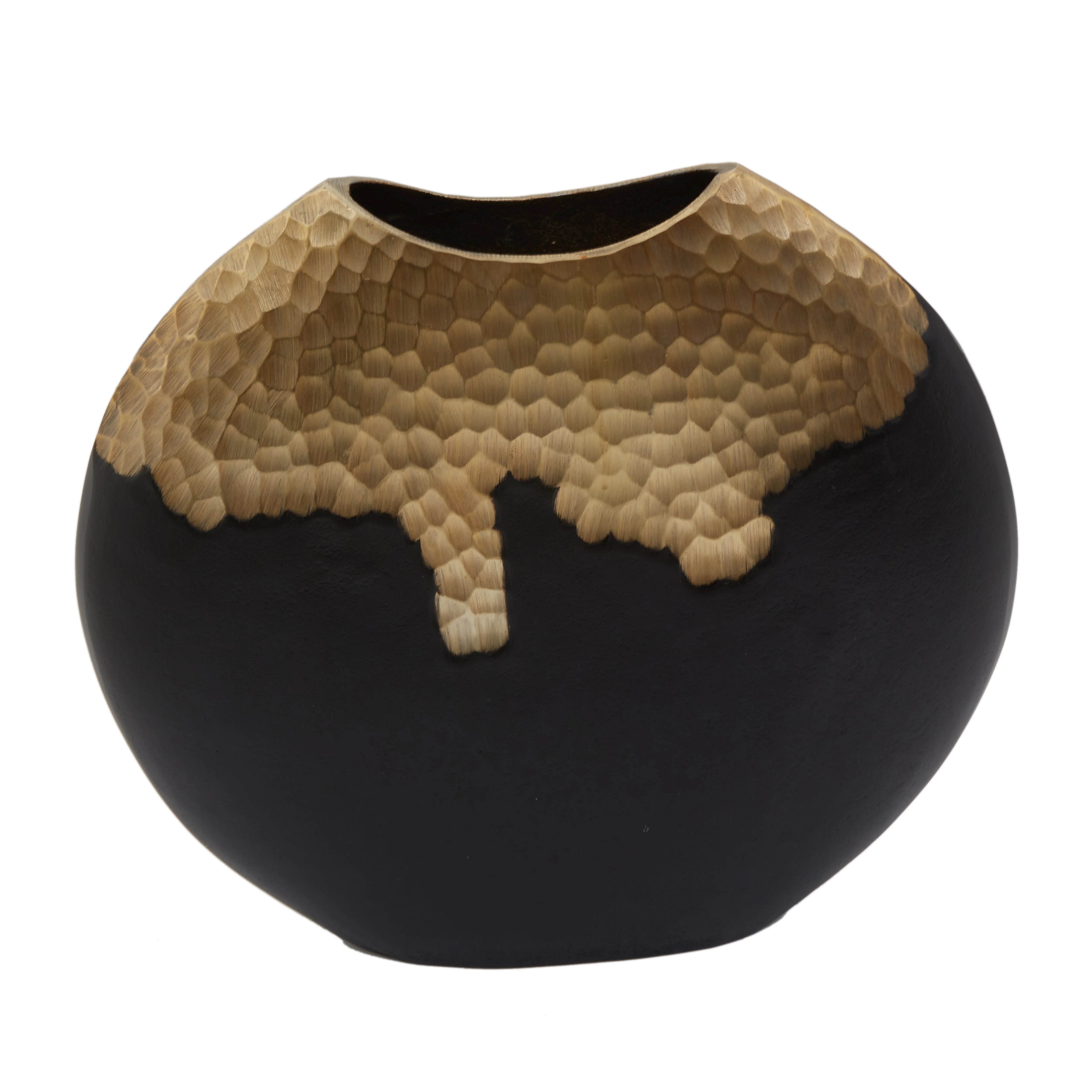 Capella Matte Black & Gold Dimpled Round Vase | Large